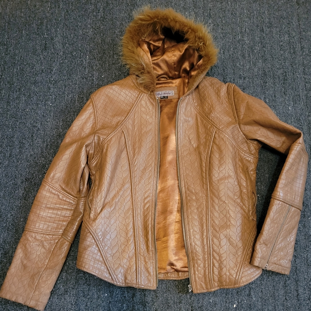 Chico's Brown Genuine Leather Jacket with Fur Trim
